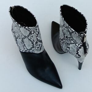 JUSTFAB Women's Wild Stiletto  Black and White Snakeskin Ankle Heel  Bootie  - 8